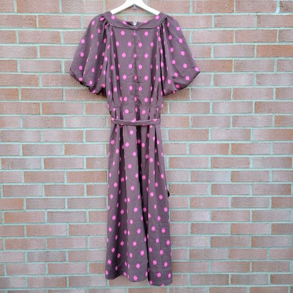 Ann Taylor Dotted Puff Sleeve Belted Flare Dress in Brown Stone Size 14 - Picture 4 of 8